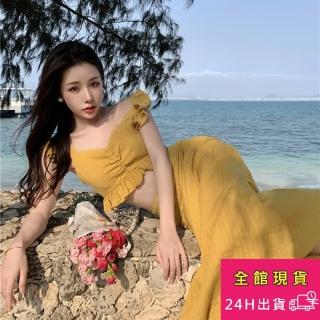 【AS 梨卡】露肩 一字領 荷葉邊兩件式洋裝 夏天 度假長裙 氣質洋裝 C6509