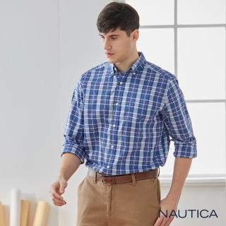 【NAUTICA】男裝 經典格紋長袖襯衫(藍色)