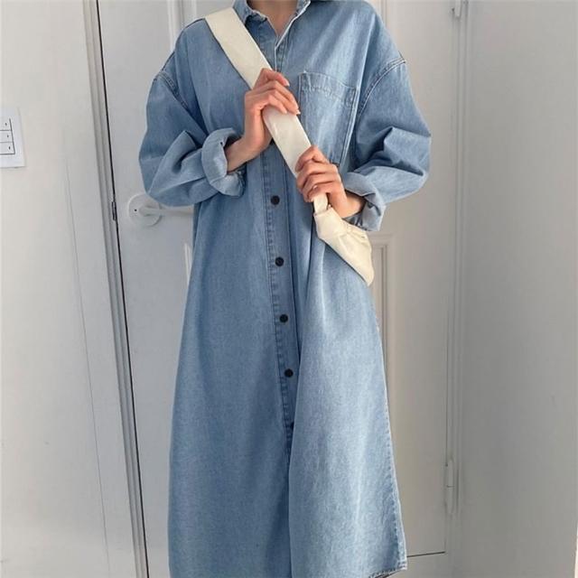【巴黎精品】現貨+預購 洋裝長袖連身裙(牛仔休閒襯衫裙寬鬆女裙子a1au117)