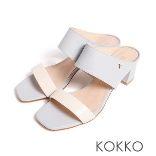 【KOKKO 集團】寬版造型柔軟羊皮粗跟涼鞋(灰藍色)