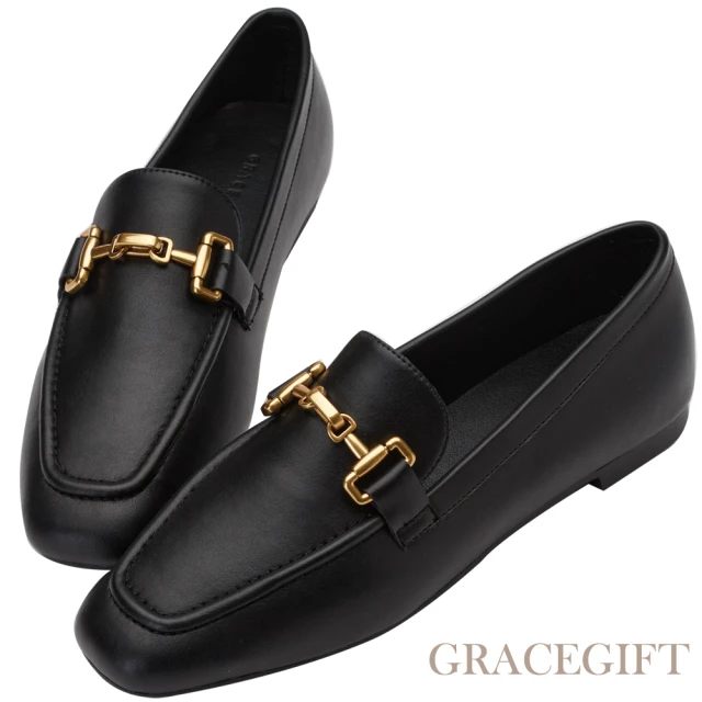 【Grace Gift】俐落馬銜扣平底樂福鞋(黑)