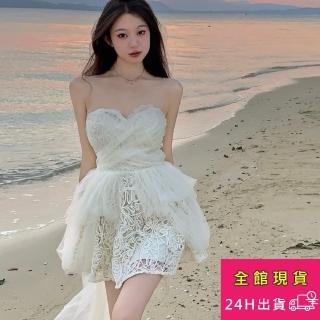 【AS 梨卡】平口 短洋裝 露肩晚禮服 網紗蕾絲連身短裙 連身裙 C6537