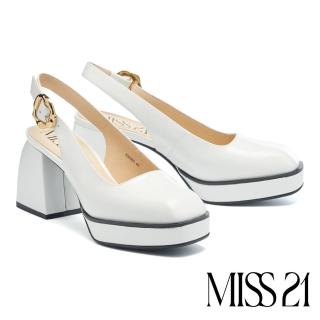 【MISS 21】霸氣跩跩圓釦大方頭後繫帶粗高跟鞋(白)