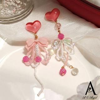 【ANGEL】桃心愛神不對襯流蘇珍珠甜美耳環(粉色)