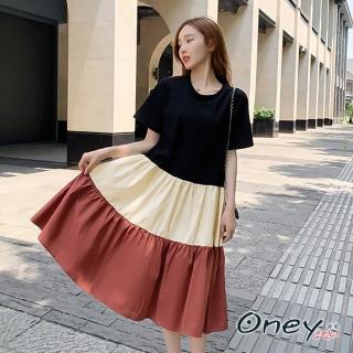 【ONEY 歐妮】★韓版簡約拚接撞色中長款連身裙(春夏/短袖上衣/收腰顯瘦/比例延伸)