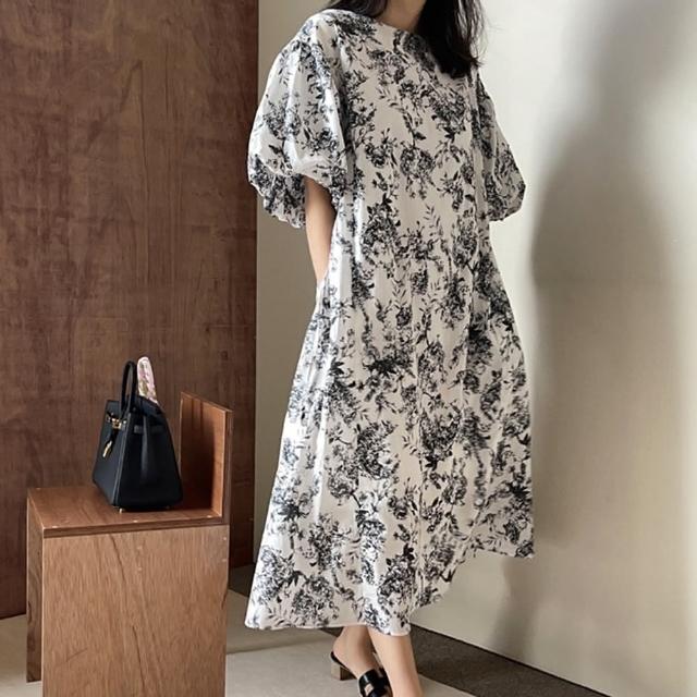 【巴黎精品】現貨+預購 洋裝短袖連身裙(印花寬鬆繫帶收腰女裙子a1au68)