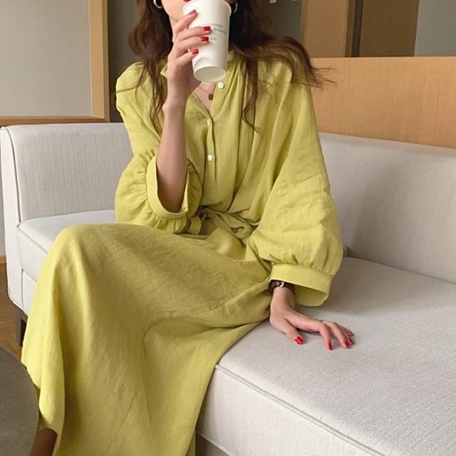 【巴黎精品】現貨+預購 洋裝長袖連身裙(慵懶風寬鬆過膝V領女裙子a1au24)