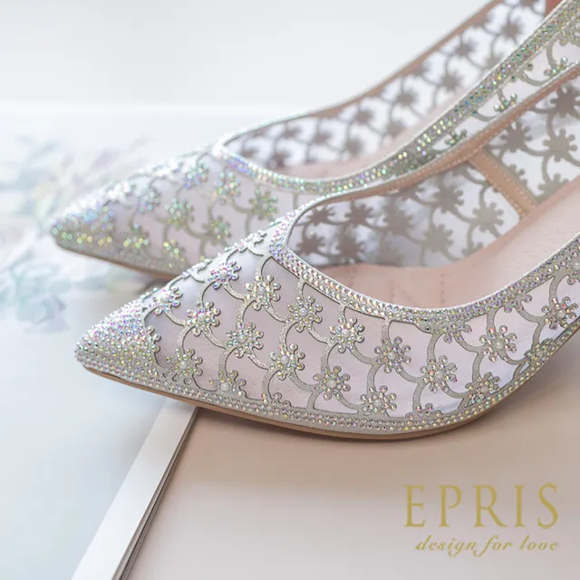 【EPRIS 艾佩絲】現貨 新娘鞋推薦 星光的祝福 簍空蕾絲水晶鞋 婚禮鞋 21-25.5-星光銀(婚鞋)