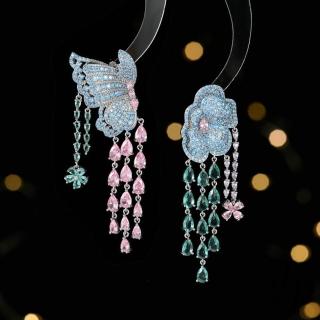【Jpqueen】花與蝴蝶邂逅彩鑽流蘇不對襯輕蓍耳環(2色可選)