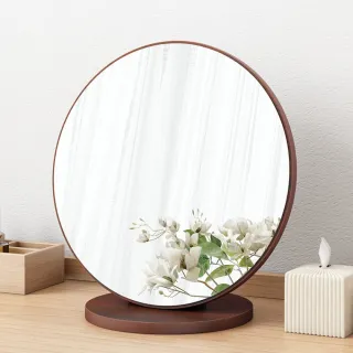 【MINE 家居】質感木質圓形化妝鏡 桌上鏡子 20cm深胡桃色(鏡子/化妝鏡) 