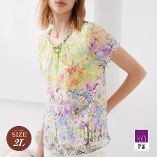 【ILEY 伊蕾】春夏繽紛花語印花雪紡上衣(綠色；M-2L；1232161421)