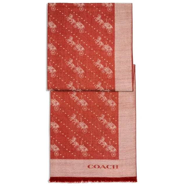 COACH 新款滿版馬車圖案寬版羊毛圍巾(紅沙色)