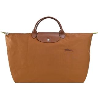 【LONGCHAMP】LE PLIAGE GREEN系列刺繡短把再生尼龍摺疊旅行袋(大/白蘭地酒)