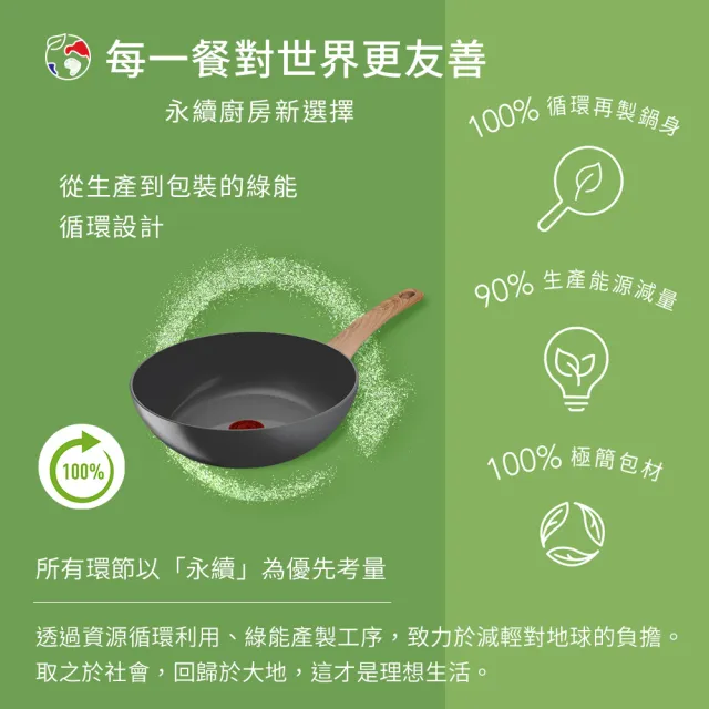 【Tefal 特福】法國製綠生活陶瓷不沾系列28CM不沾鍋炒鍋+玻璃蓋(適用電磁爐)