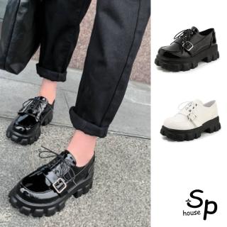 【Sp house】英倫風漆亮皮綁帶圓頭厚底皮鞋(2色可選)