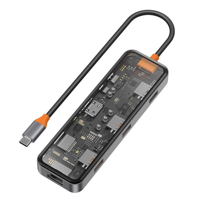 【WiWU】CB008☆八合一 網路可傳輸1000Mbps 透明Cyber HUB集線器(USB-A3.0/PD 100W/4K HDMI)