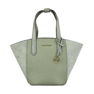 【Michael Kors】MK MICHAEL KORS Portia金屬LOGO牛皮拼接麂皮開口式兩用托特包(小/軍綠)