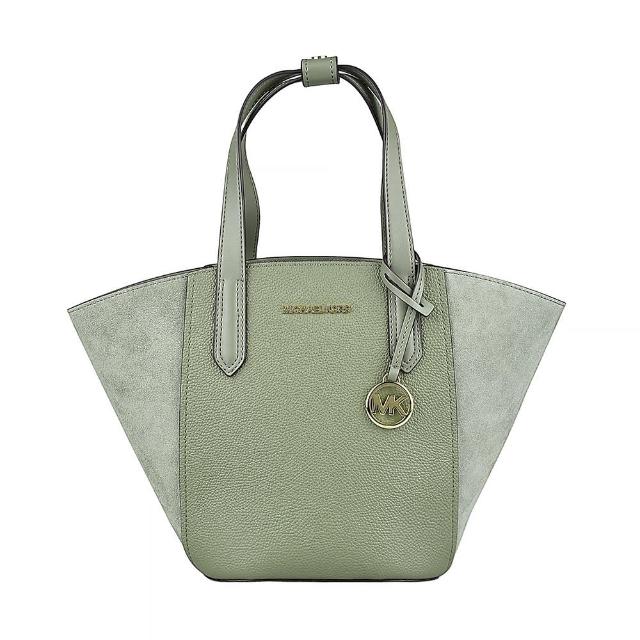 【Michael Kors】MK MICHAEL KORS  Portia金屬LOGO牛皮拼接麂皮開口式兩用托特包(小/軍綠)