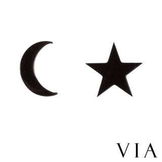 【VIA】白鋼耳釘 白鋼耳環 不對稱耳環/星空系列 星星月亮不對稱造型白鋼耳釘(黑色)