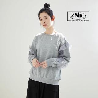【iNio 衣著美學】冬新品 長袖上衣 現貨 蕾絲綴珠 拼接 棉質 圓領上衣(CBW1388)