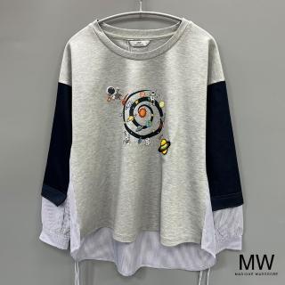 【MAGIQUE WARDROBE】太空印花拼接仿牛仔條紋長袖上衣(2色)