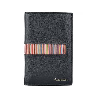 【Paul Smith】PAUL SMITH金箔LOGO直立式小牛皮6卡對折小型短夾(黑x多色)