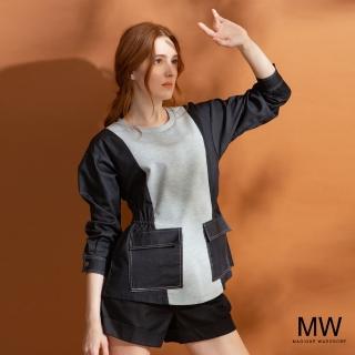 【MAGIQUE WARDROBE】仿牛仔拚接鬆緊雙口袋長袖上衣(2色)