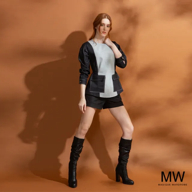 【MAGIQUE WARDROBE】仿牛仔拚接鬆緊雙口袋長袖上衣(2色)