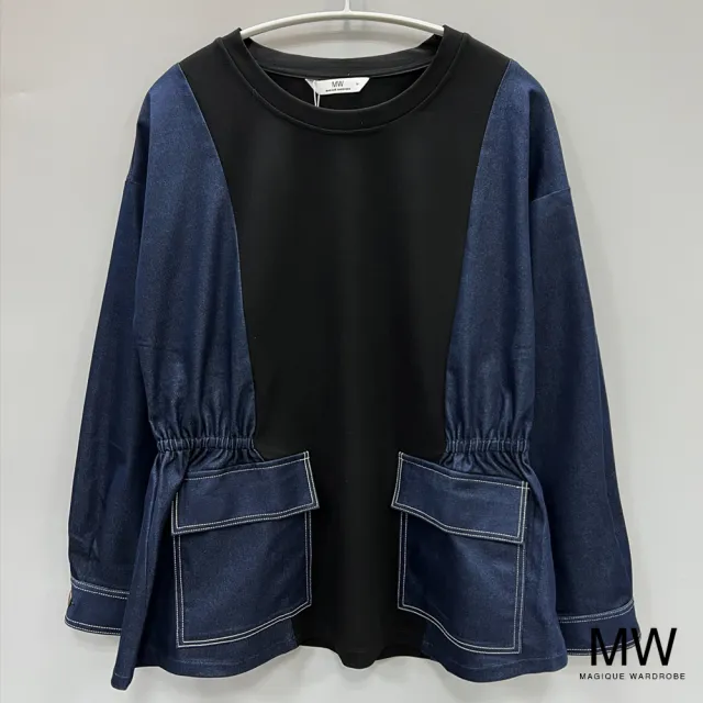 【MAGIQUE WARDROBE】仿牛仔拚接鬆緊雙口袋長袖上衣(2色)