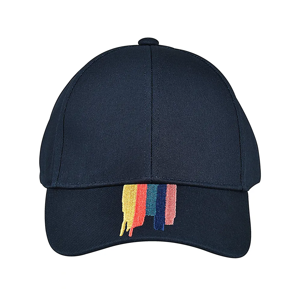 Paul Smith】PAUL SMITH白標黑字LOGO棉質彩色刺繡條紋棒球帽(海軍藍x多