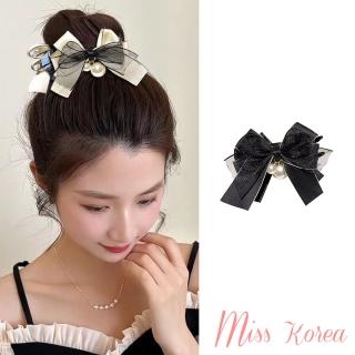 【MISS KOREA】蝴蝶結髮夾 珍珠髮夾/韓國設計優雅多層次蝴蝶結珍珠墜抓夾 丸子頭夾 髮夾(2色任選)
