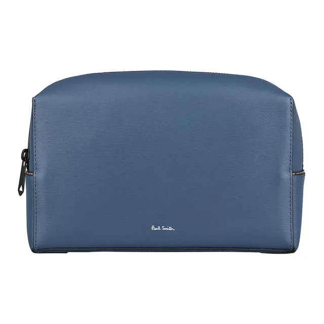 【Paul Smith】PAUL SMITH白字LOGO彩繪條紋內襯牛皮拉鍊化妝包(淺藍)