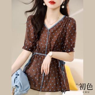 【初色】撞色波點印花V領泡泡袖短袖T恤上衣女上衣-咖啡色-68028(M-2XL可選)