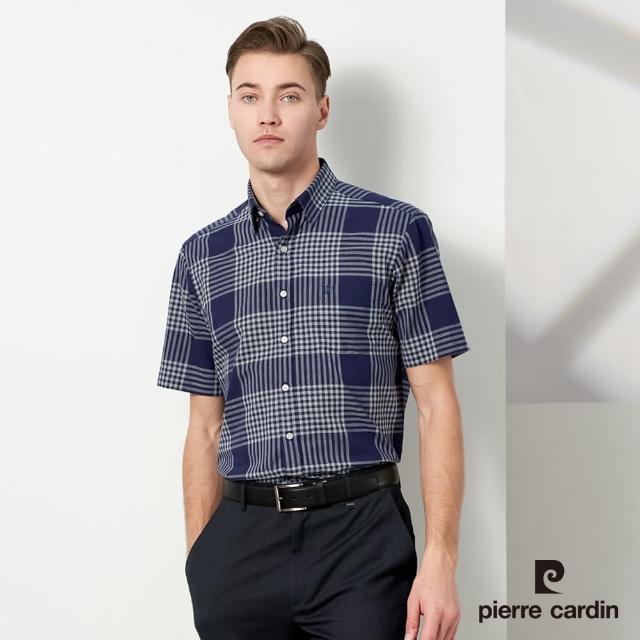 【pierre cardin 皮爾卡登】商務休閒 男款 純棉格紋短袖襯衫-深藍色(5237167-38)