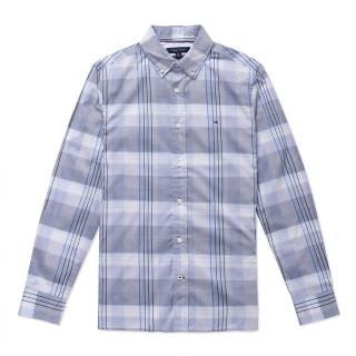 【Tommy Hilfiger】TOMMY 經典刺繡Logo長袖襯衫 上衣-藍白格紋色(平輸品)