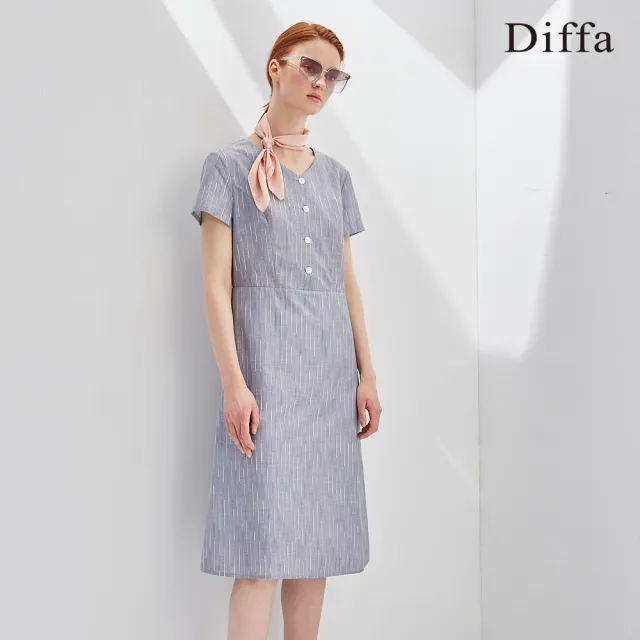 【Diffa】灰白條紋緹花連身洋裝-女