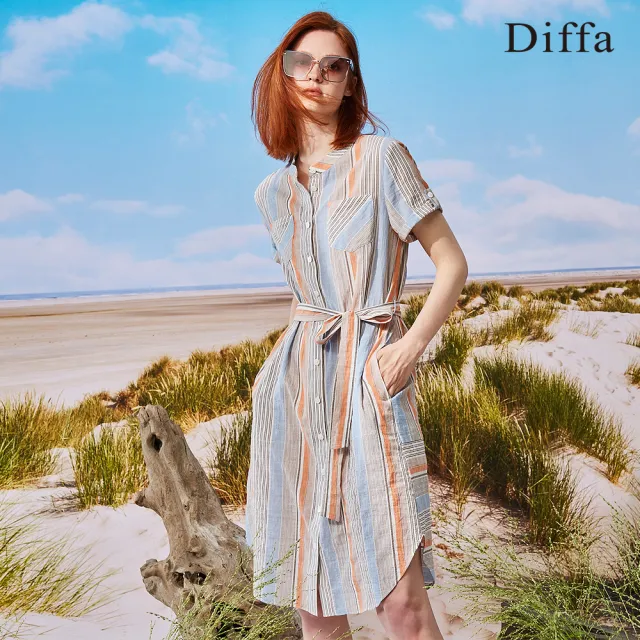 【Diffa】桔藍條緹花連身洋裝-女