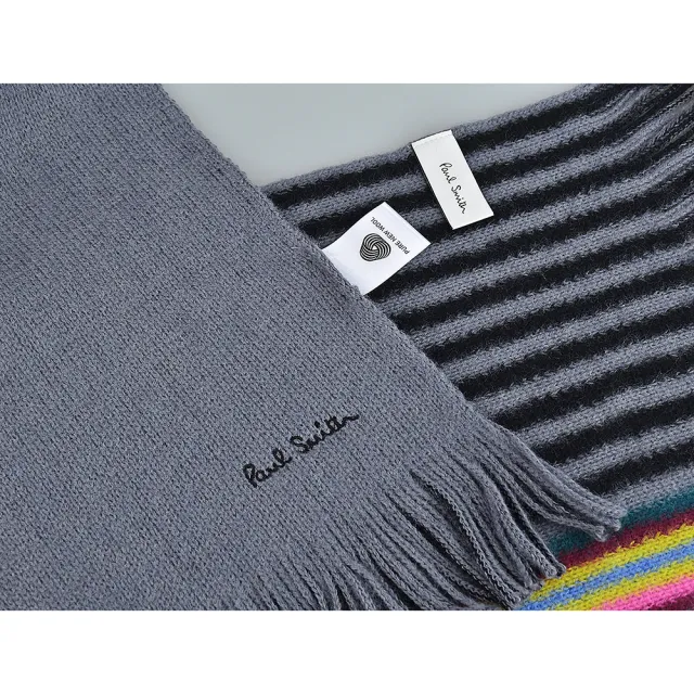 【Paul Smith】PAUL SMITH刺繡黑字LOGO羊毛彩色飾邊條紋圍巾(灰x彩條紋)