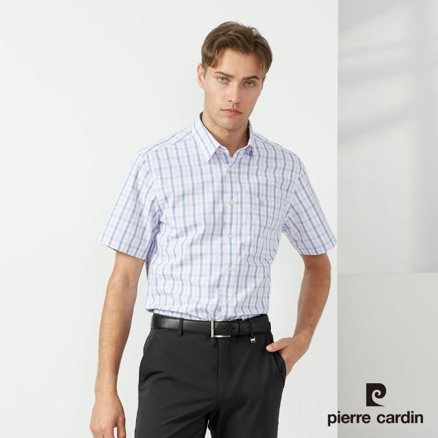 【pierre cardin 皮爾卡登】商務休閒 男款 混棉格紋短袖襯衫-藍色(5237164-35)