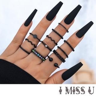 【I MISS U】個性黑色系彩鑽幾何線條戒指12件套組(彩鑽戒指 幾何戒指 線條戒指)