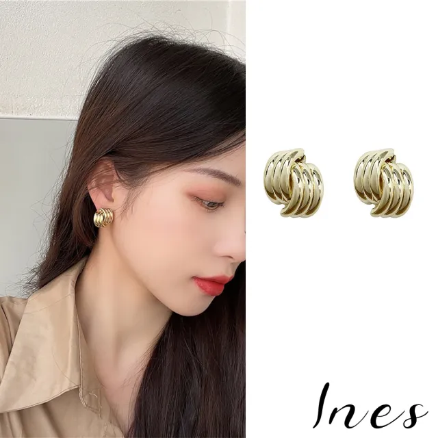 【INES】韓國設計S925銀針時尚金屬交錯線條造型耳環(S925銀針耳環 金屬耳環 線條耳環)