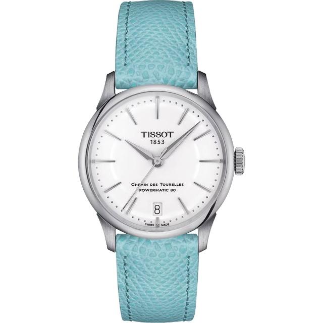 【TISSOT 天梭】杜魯爾系列動力80小時機械女錶-銀x藍皮帶/34mm 母親節 送禮 禮物(T139.207.16.011.00)