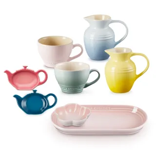 【Le Creuset】瓷器午茶配件7件組(無盒)(橢圓盤+迷你花碗+牛奶壺*1+茶包盤*2+卡布奇諾杯*2)