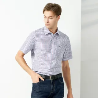 【pierre cardin 皮爾卡登】休閒服飾 男款 混棉格紋休閒短袖襯衫-深藍色(5237165-38)
