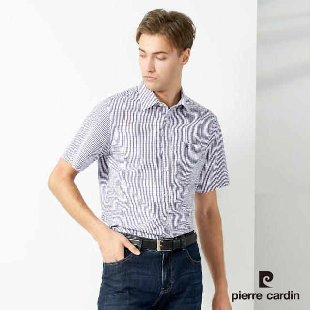 【pierre cardin 皮爾卡登】商務休閒 男款 混棉格紋短袖襯衫-深藍色(5237165-38)