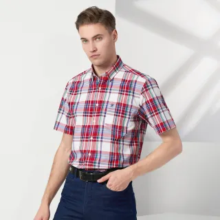 【pierre cardin 皮爾卡登】休閒服飾 男款 純棉格紋休閒短袖襯衫-紅色(5237168-78)