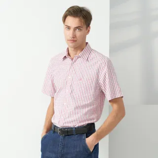 【pierre cardin 皮爾卡登】休閒服飾 男款 混棉格紋休閒短袖襯衫-紅色(5237163-76)