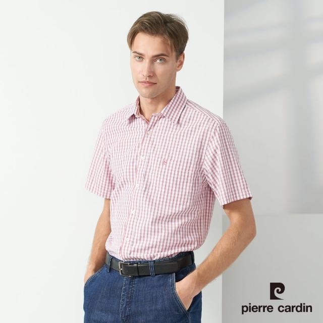 【pierre cardin 皮爾卡登】商務休閒 男款 混棉格紋短袖襯衫-紅色(5237163-76)