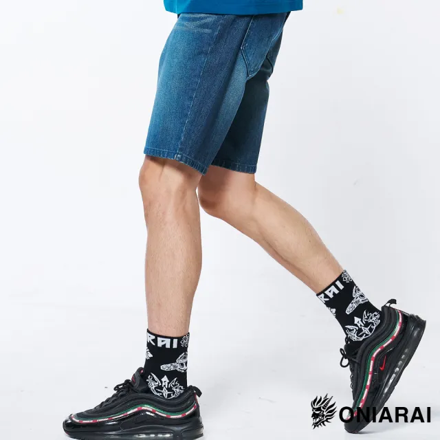 【BLUE WAY】男裝 新品-經典無彈小鬼頭繡花丹寧 短褲-鬼洗