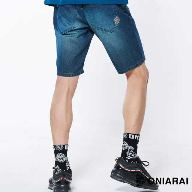 【BLUE WAY】男裝 新品-經典無彈小鬼頭繡花丹寧 短褲-鬼洗